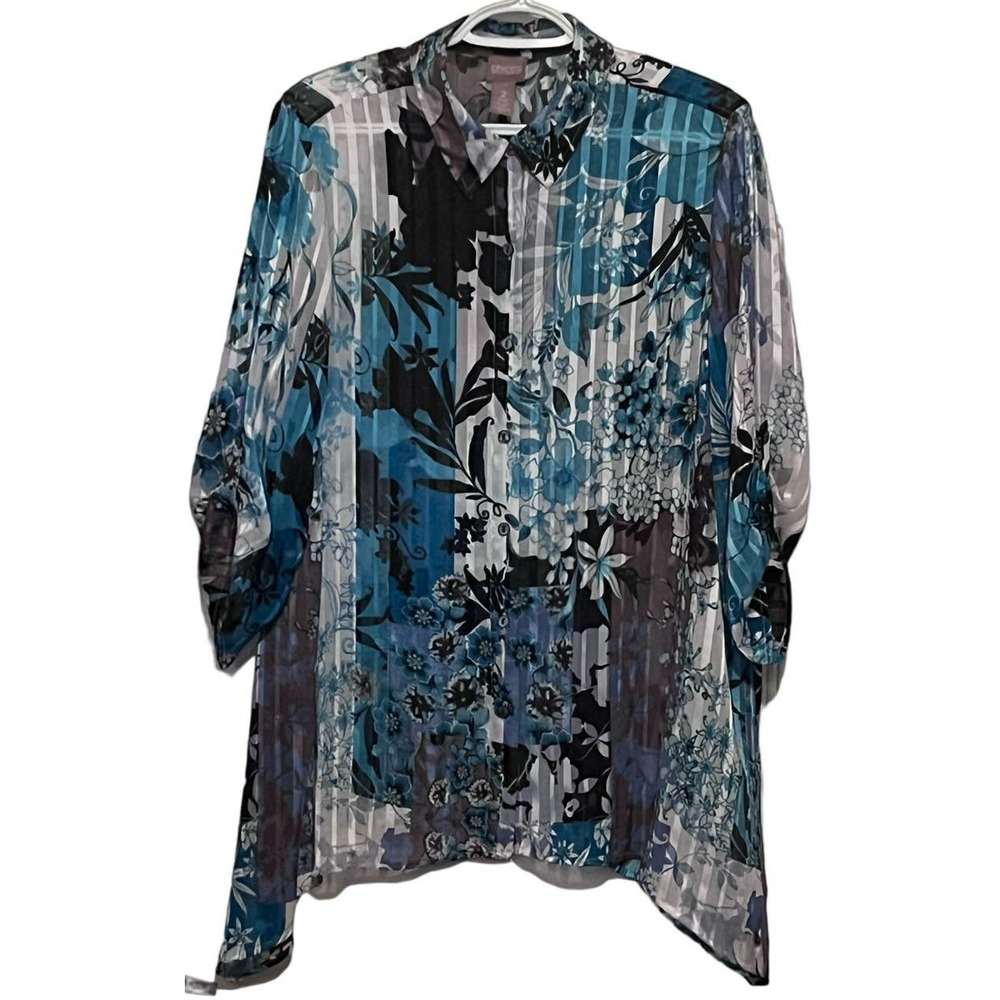 Chico's‎ Women's Floral Black Green Button Front Blouse Quarter Sleeves Size 2